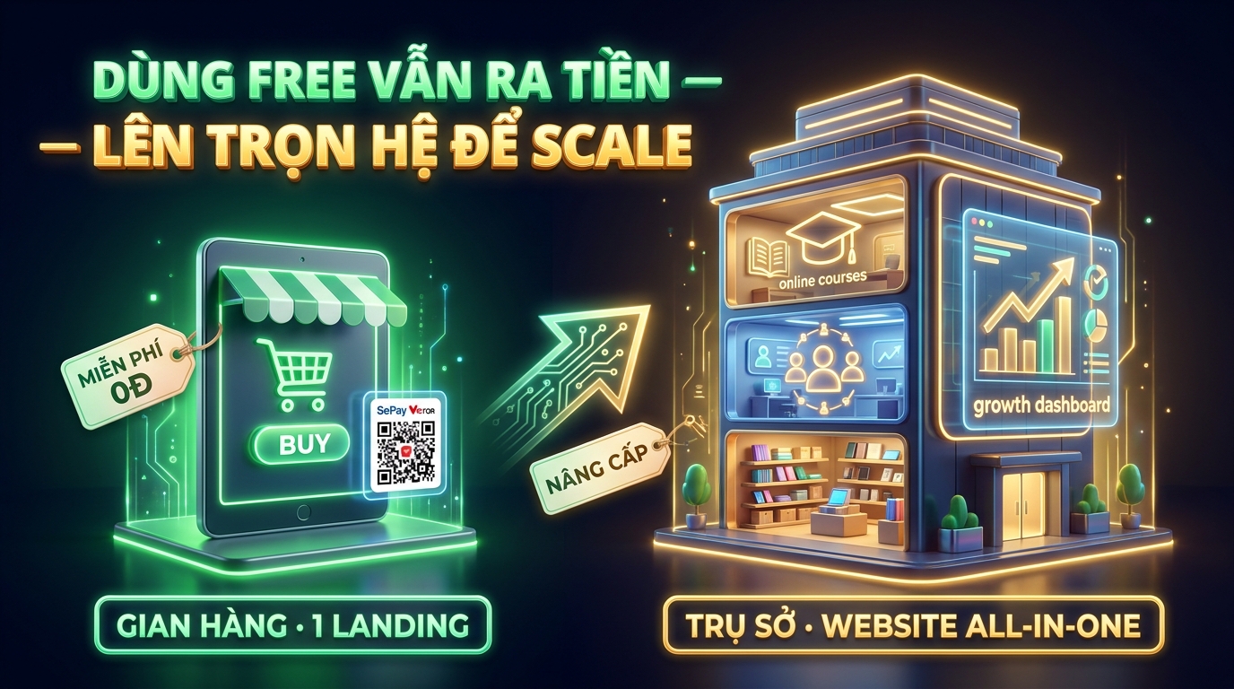 Free = gian hàng 1 landing · Trọn hệ = trụ sở Website All-in-One